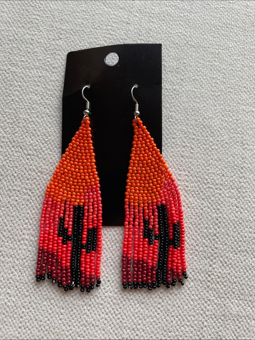Handmade Beaded Cactus Fringe Earrings - Orange & Red